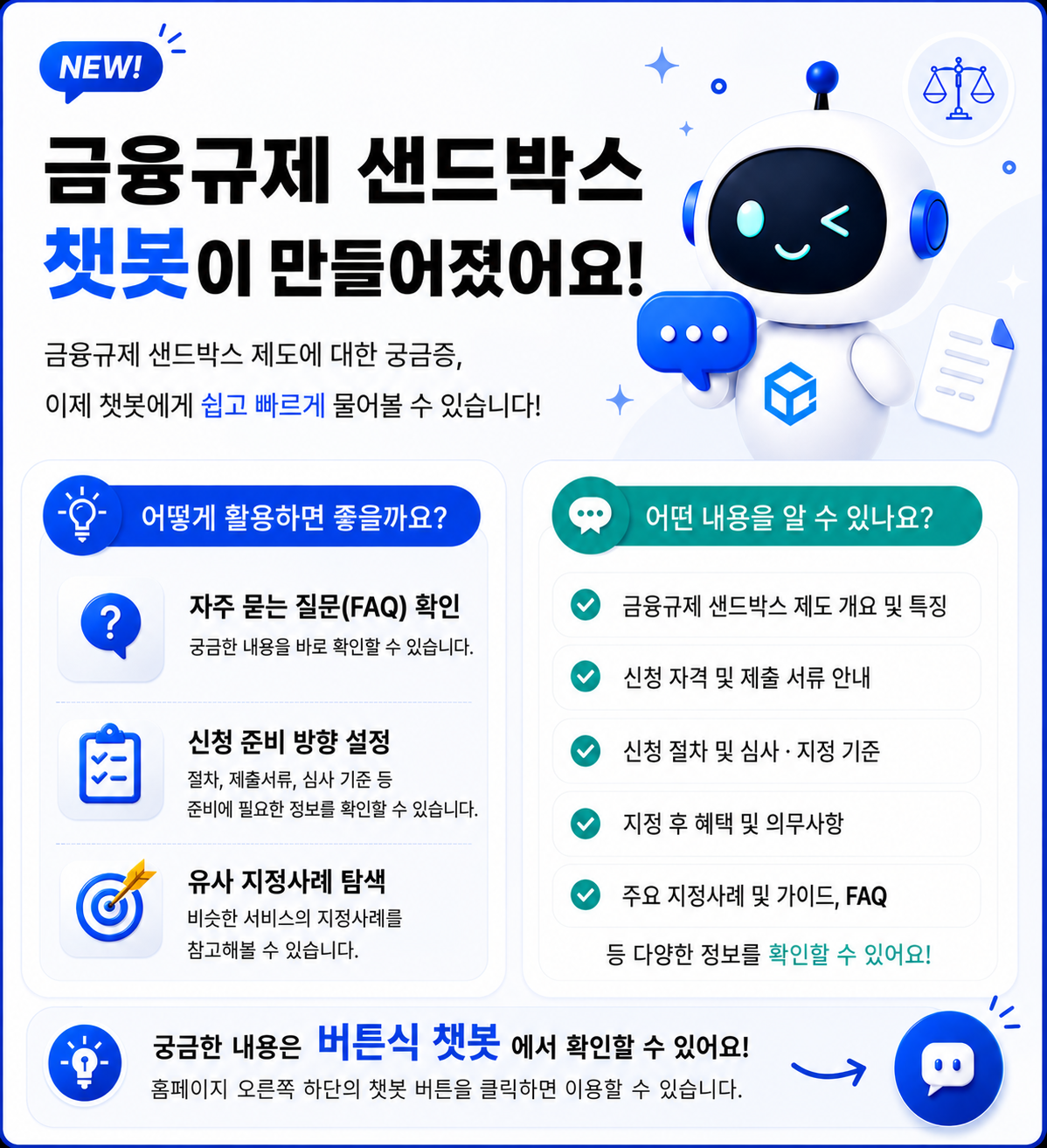 금융규제 샌드박스 챗봇 오픈 안내. 제도 개요, 신청 절차, 제출서류, FAQ 등을 쉽고 빠르게 확인할 수 있습니다.